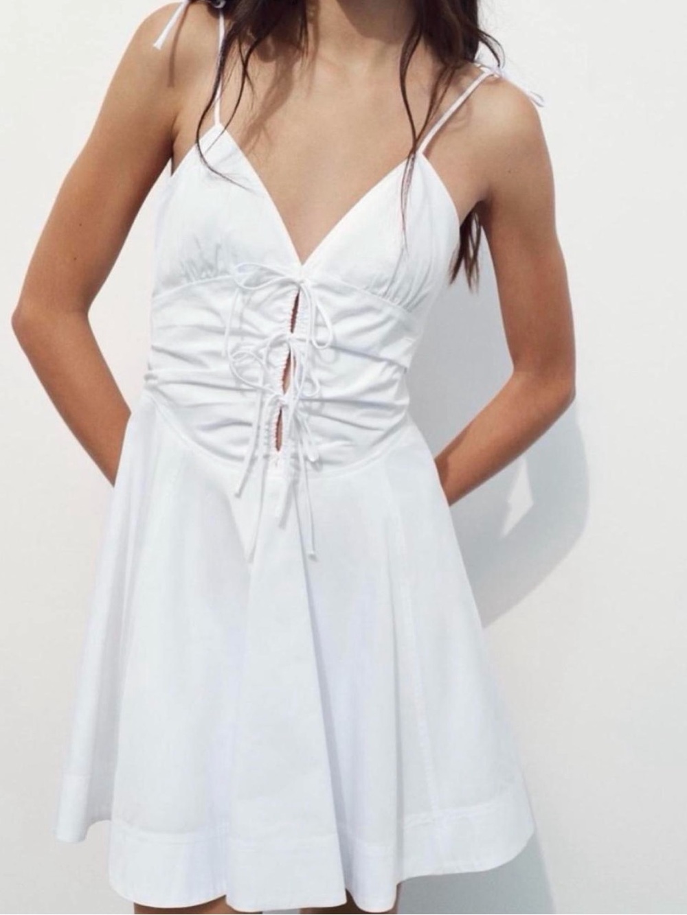 Zara White Lace-Up Spaghetti Strap Mini Dress